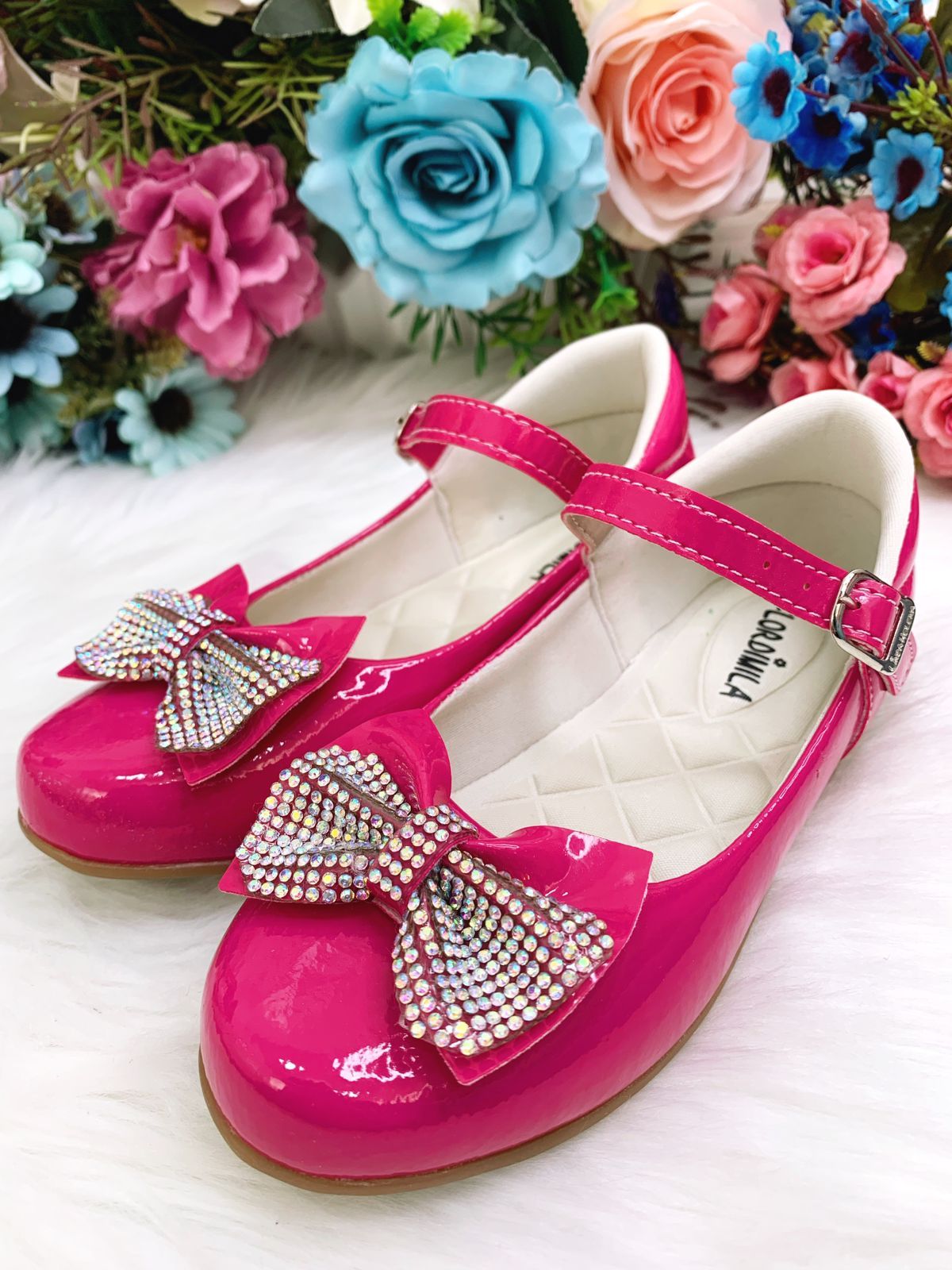Sapatinho Infantil Verniz Pink com Laço e Strass para Festas