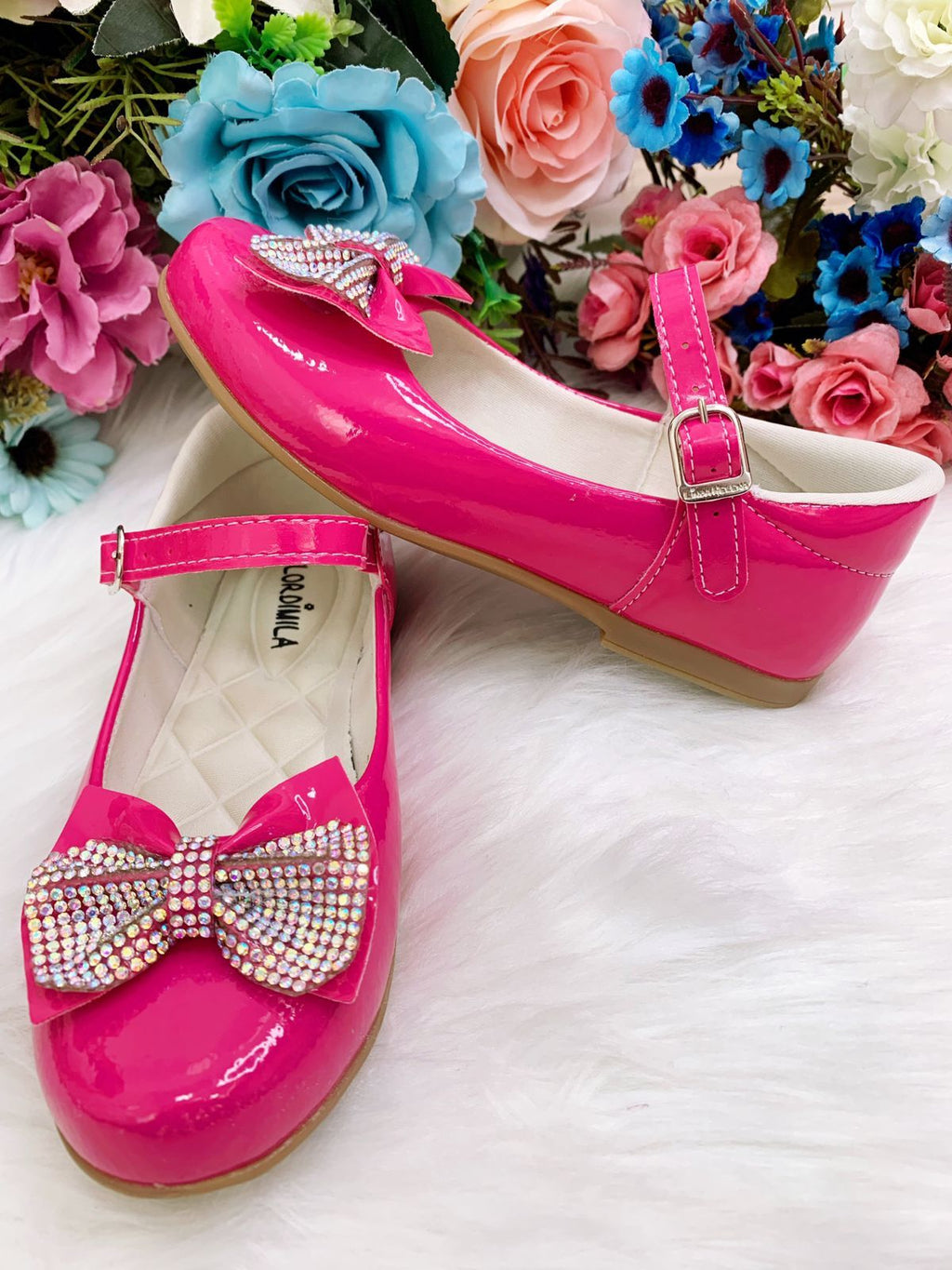 Sapatinho Infantil Verniz Pink com Laço e Strass para Festas