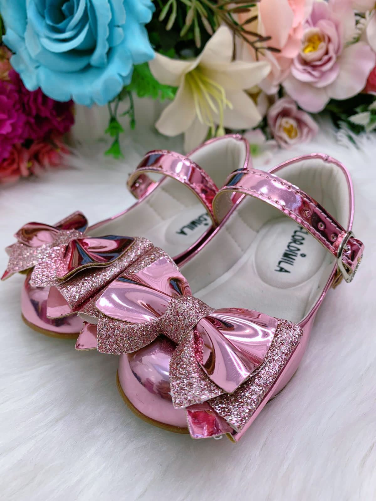 Sapatinho Metalizado Rose com Lacinho Glitter para Festas e Casuais