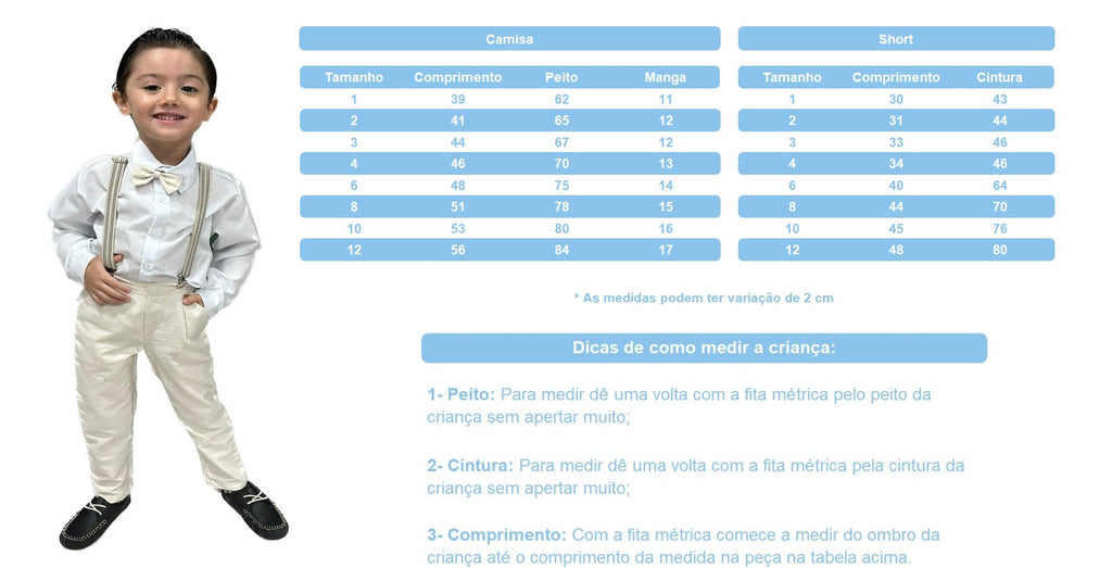 Conjunto Social Bege com Camisa, Gravata, Short e Suspensório
