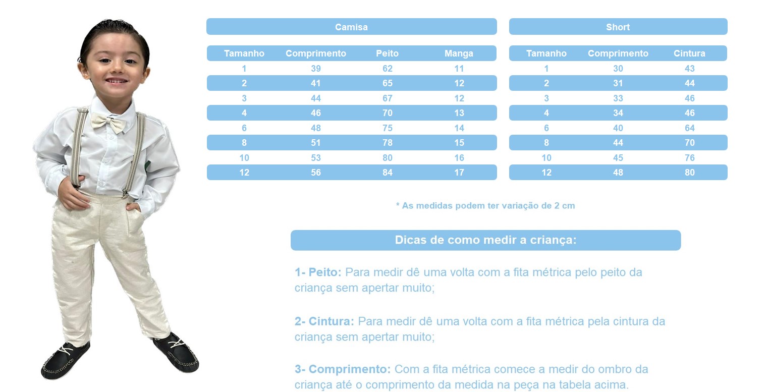 Conjunto Social Bege com Camisa, Gravata, Short e Suspensório