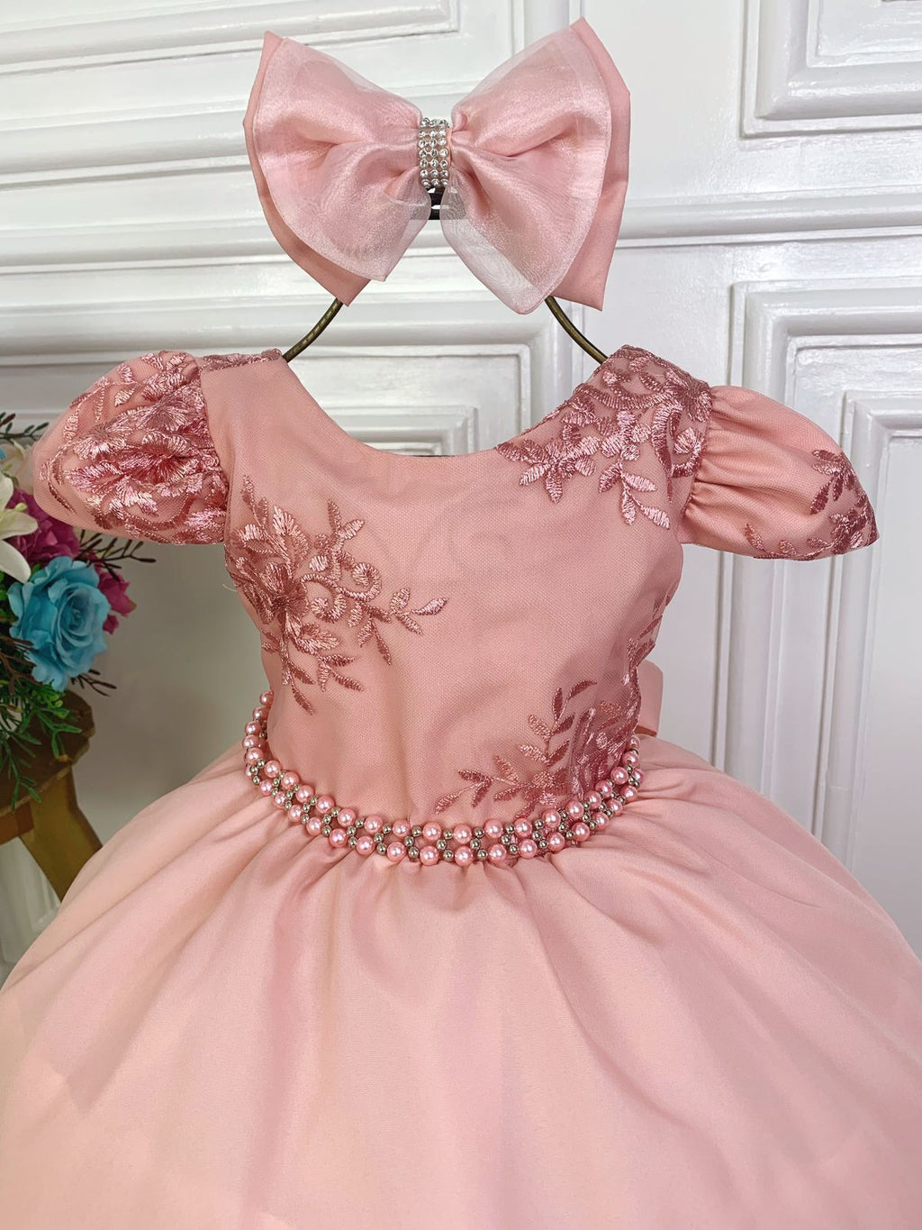 Vestido Infantil Rose Com Renda e Laço para Daminha de Honra