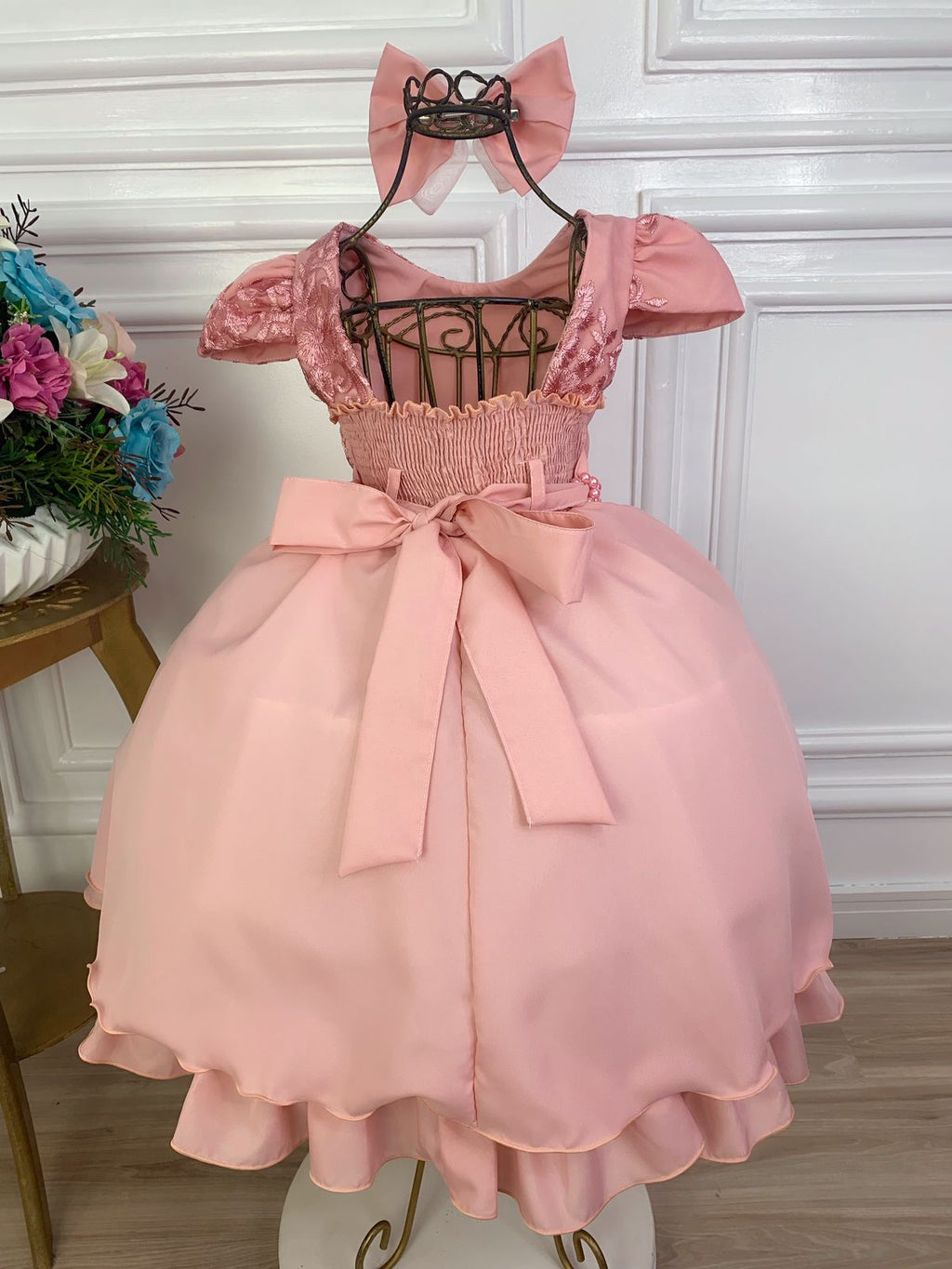 Vestido Infantil Rose Com Renda e Laço para Daminha de Honra