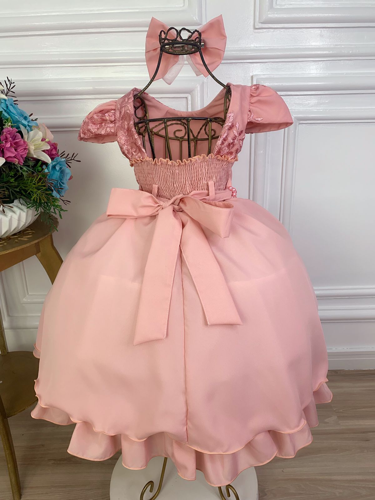 Vestido Infantil Rose Com Renda e Laço para Daminha de Honra