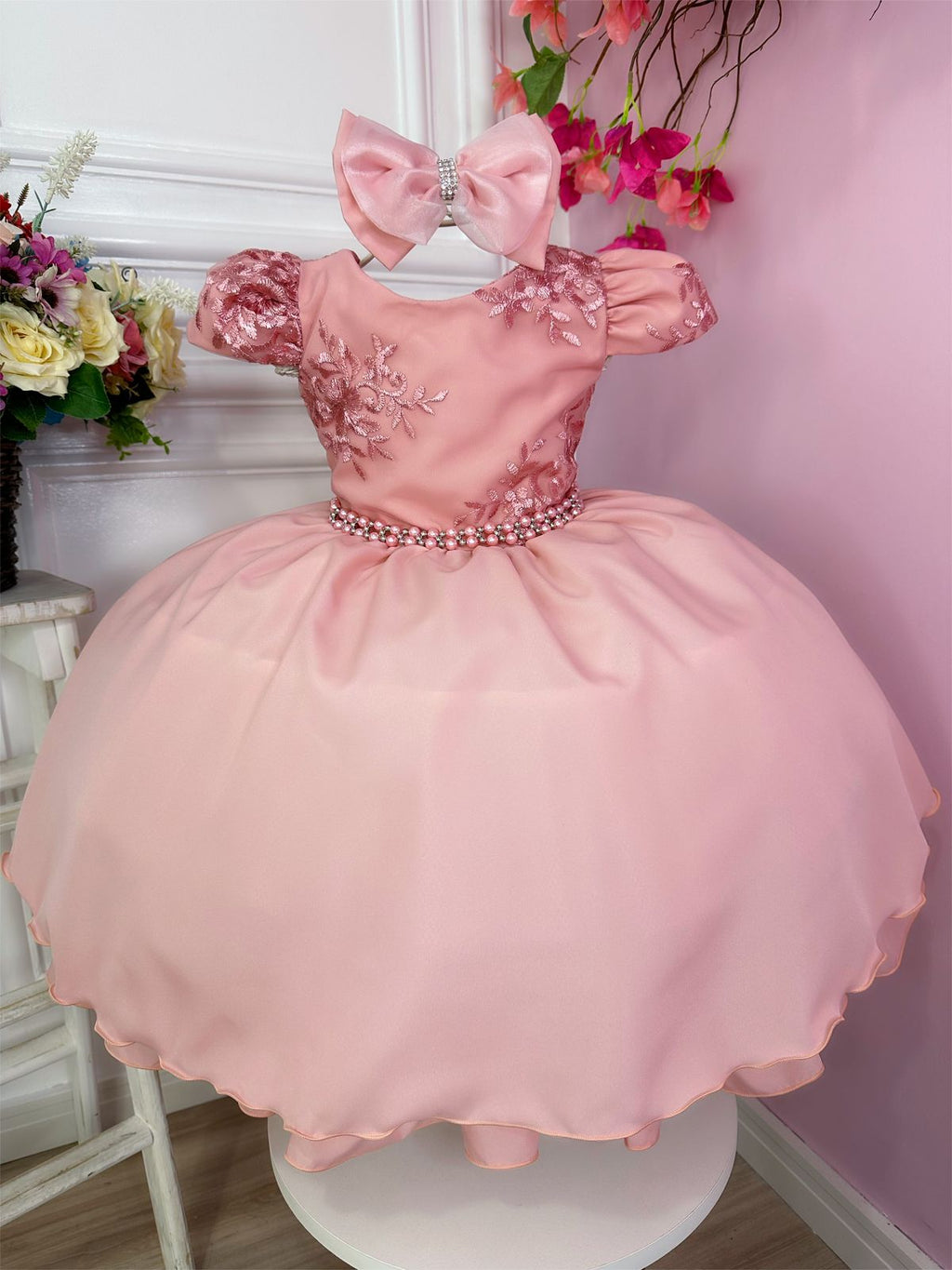 Vestido Infantil Rose Com Renda e Laço para Daminha de Honra
