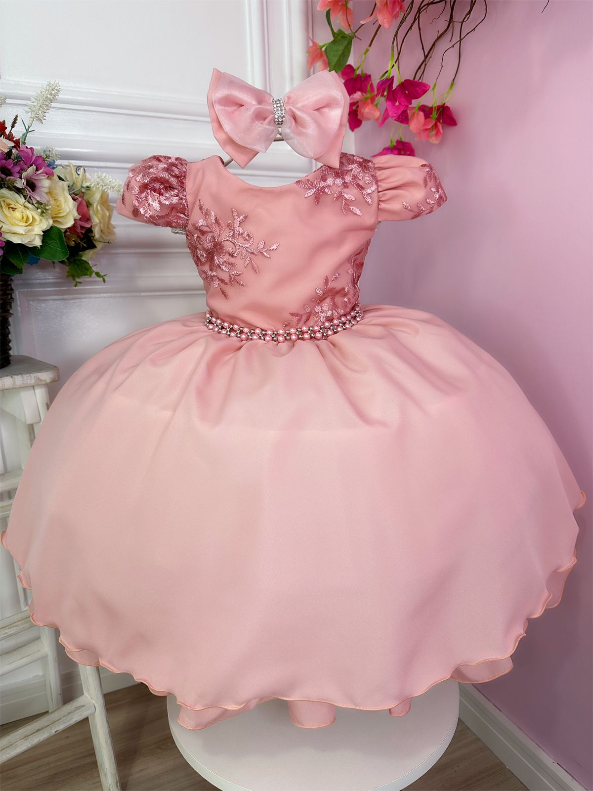 Vestido Infantil Rose Com Renda e Laço para Daminha de Honra