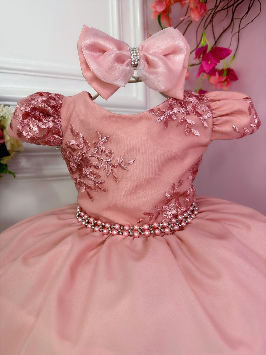 Vestido Infantil Rose Com Renda e Laço para Daminha de Honra