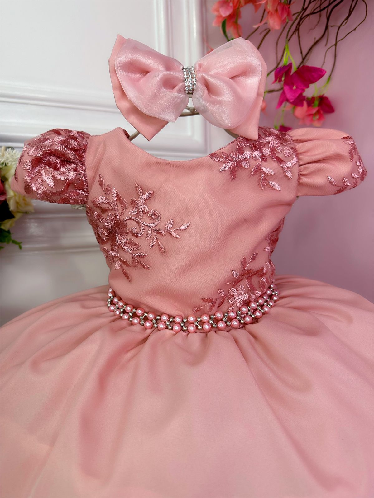 Vestido Infantil Rose Com Renda e Laço para Daminha de Honra