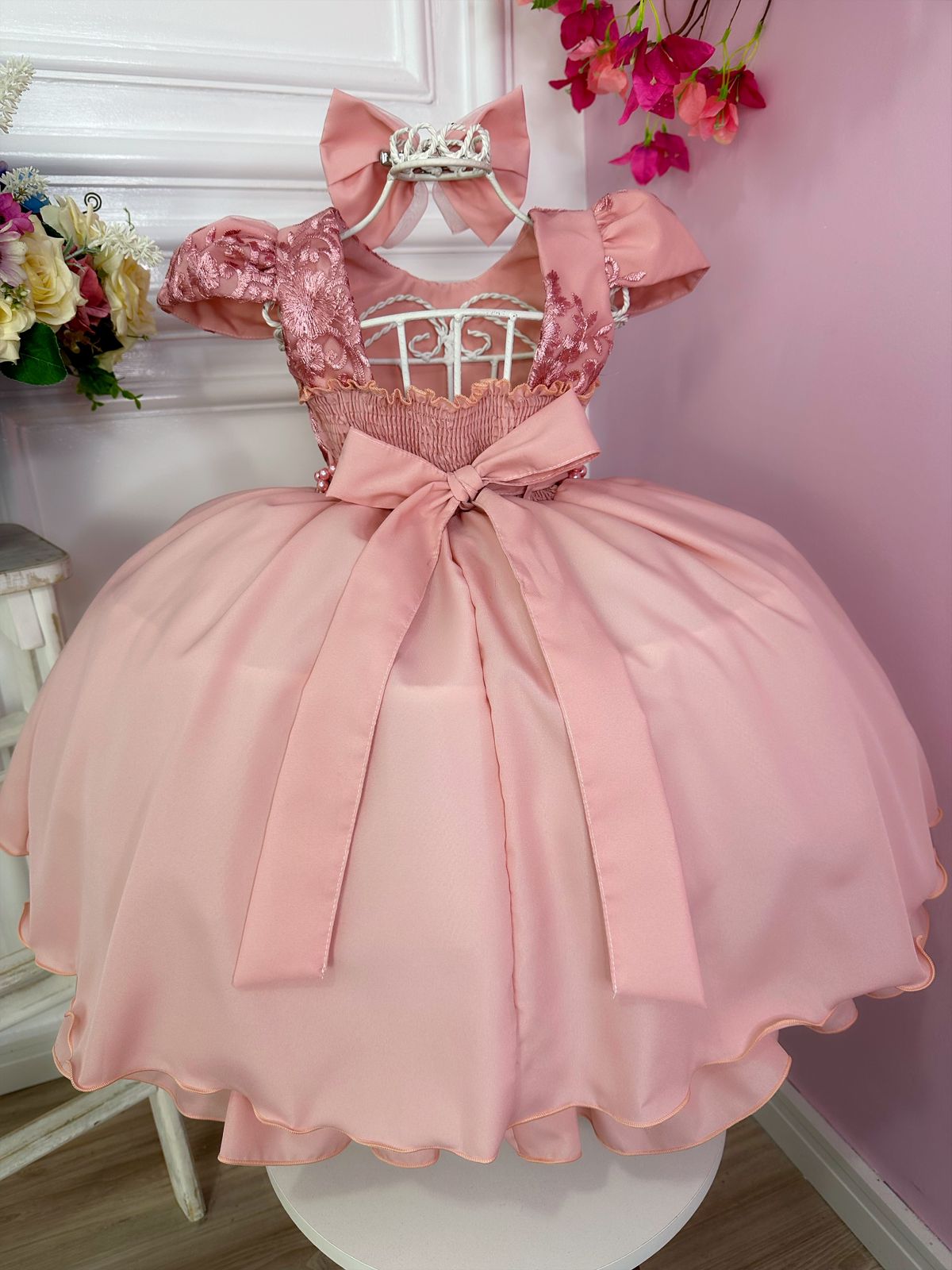 Vestido Infantil Rose Com Renda e Laço para Daminha de Honra