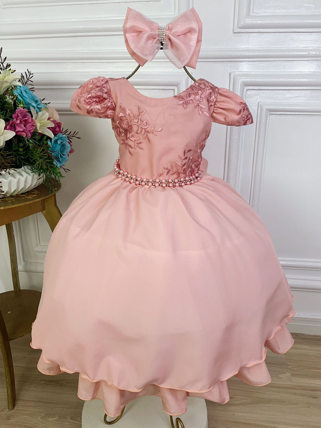Vestido Infantil Rose Com Renda e Laço para Daminha de Honra