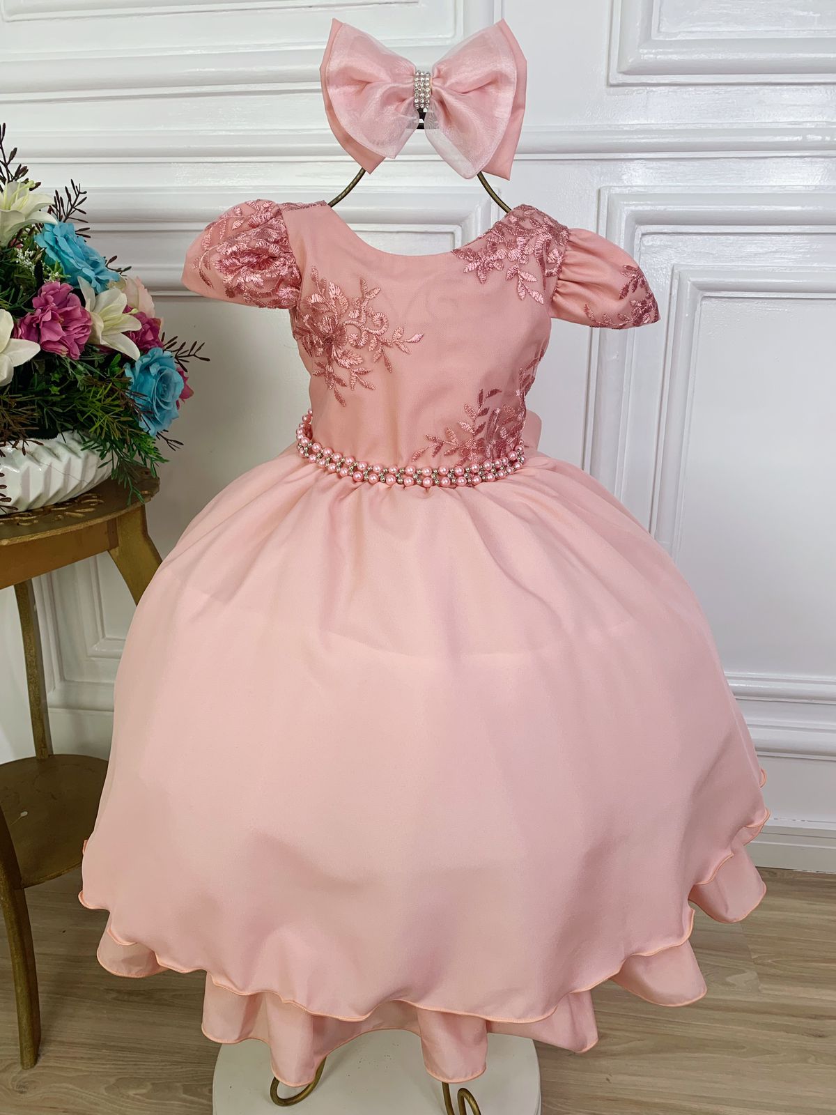 Vestido Infantil Rose Com Renda e Laço para Daminha de Honra