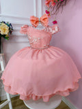 Vestido Infantil Goiaba com Renda e Cinto de Pérolas para Daminha de Honra