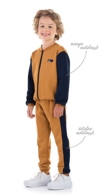 Conjunto Infantil de Moletom Caqui e Azul Marinho com Jaqueta e Calça Flanelada