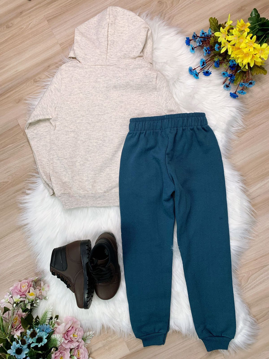 Conjunto de Moletom Blusa C/ Capuz Marfim Calça Azul Petróleo