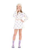 Conjunto de Moletom Flanelado Cropped e Saia Marfim com Poá Lilás para Crianças de 4 a 8 Anos