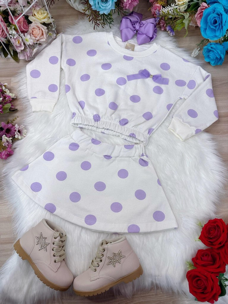 Conjunto de Moletom Flanelado Cropped e Saia Marfim com Poá Lilás para Crianças de 4 a 8 Anos