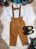 Conjunto Social Infantil Camisa Branca e Calça Caramelo com Suspensório
