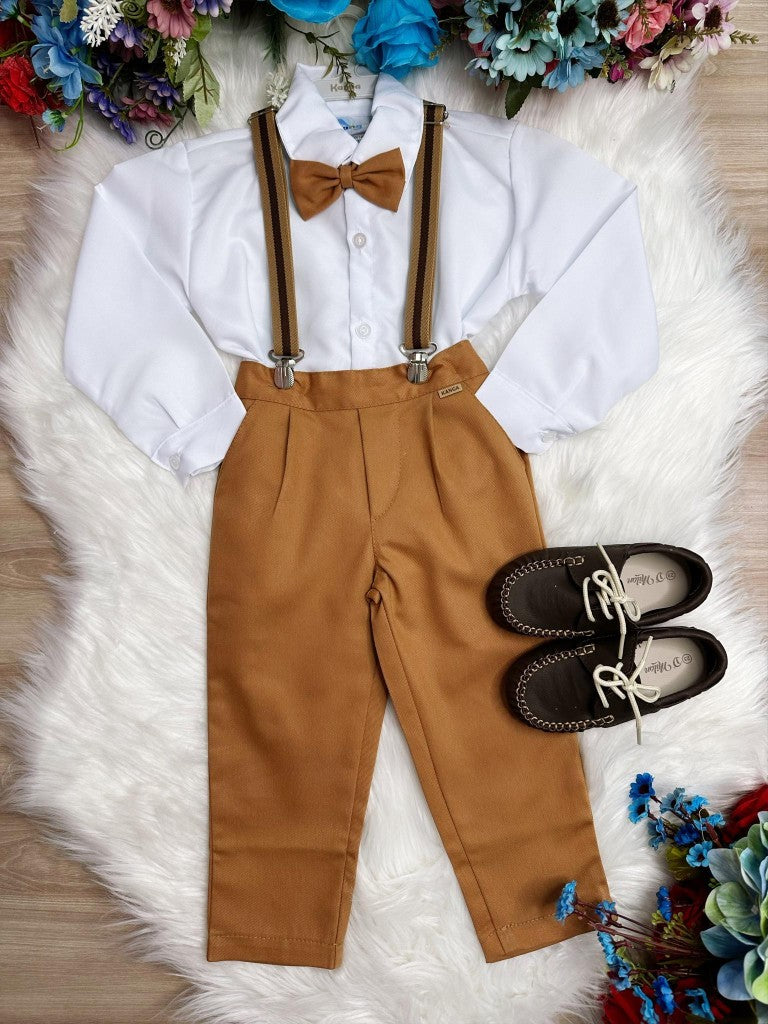 Conjunto Social Infantil Camisa Branca e Calça Caramelo com Suspensório