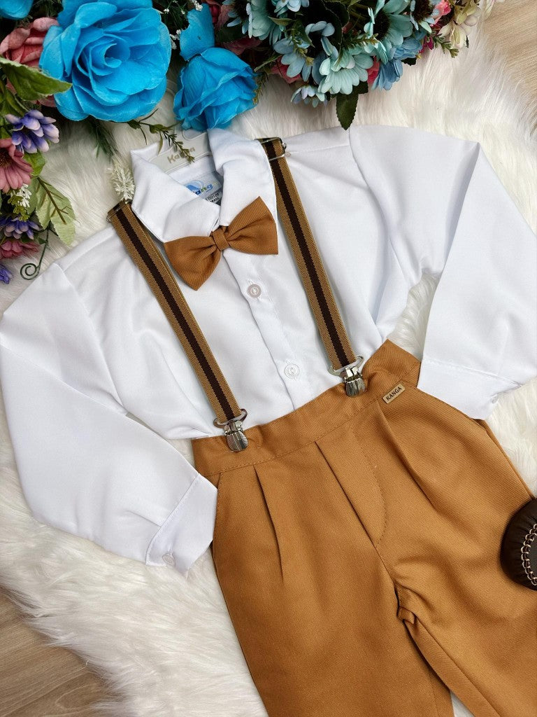 Conjunto Social Infantil Camisa Branca e Calça Caramelo com Suspensório