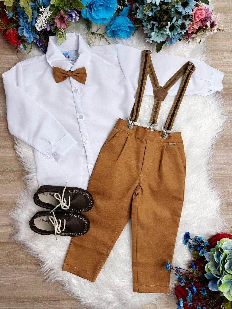 Conjunto Social Infantil Camisa Branca e Calça Caramelo com Suspensório