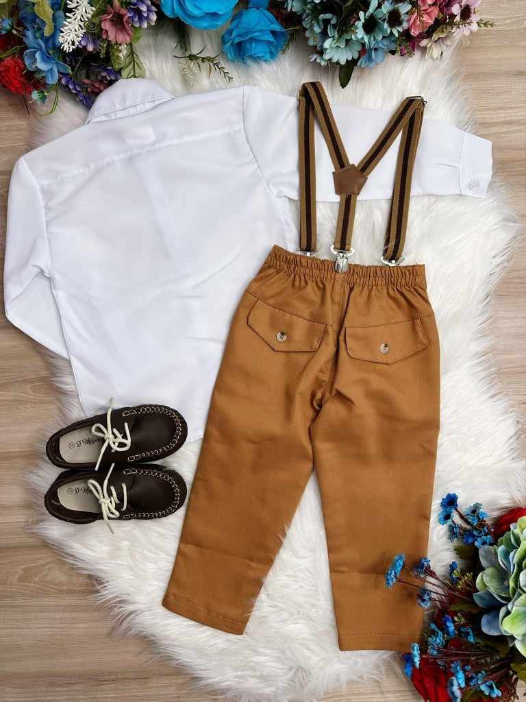 Conjunto Social Infantil Camisa Branca e Calça Caramelo com Suspensório