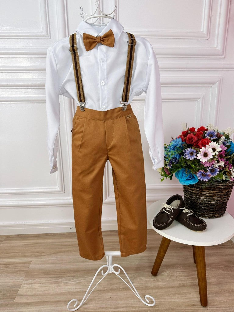Conjunto Social Infantil Camisa Branca e Calça Caramelo com Suspensório