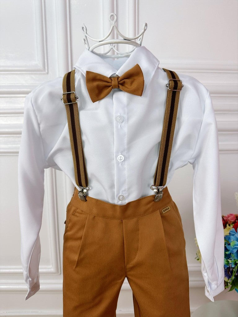 Conjunto Social Infantil Camisa Branca e Calça Caramelo com Suspensório