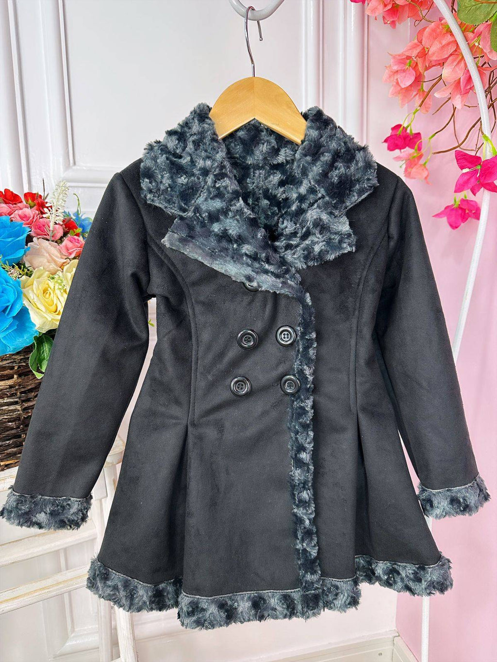 Casaco Sobretudo Infantil Suede Preto Pelúcia Grafite C/ Botão