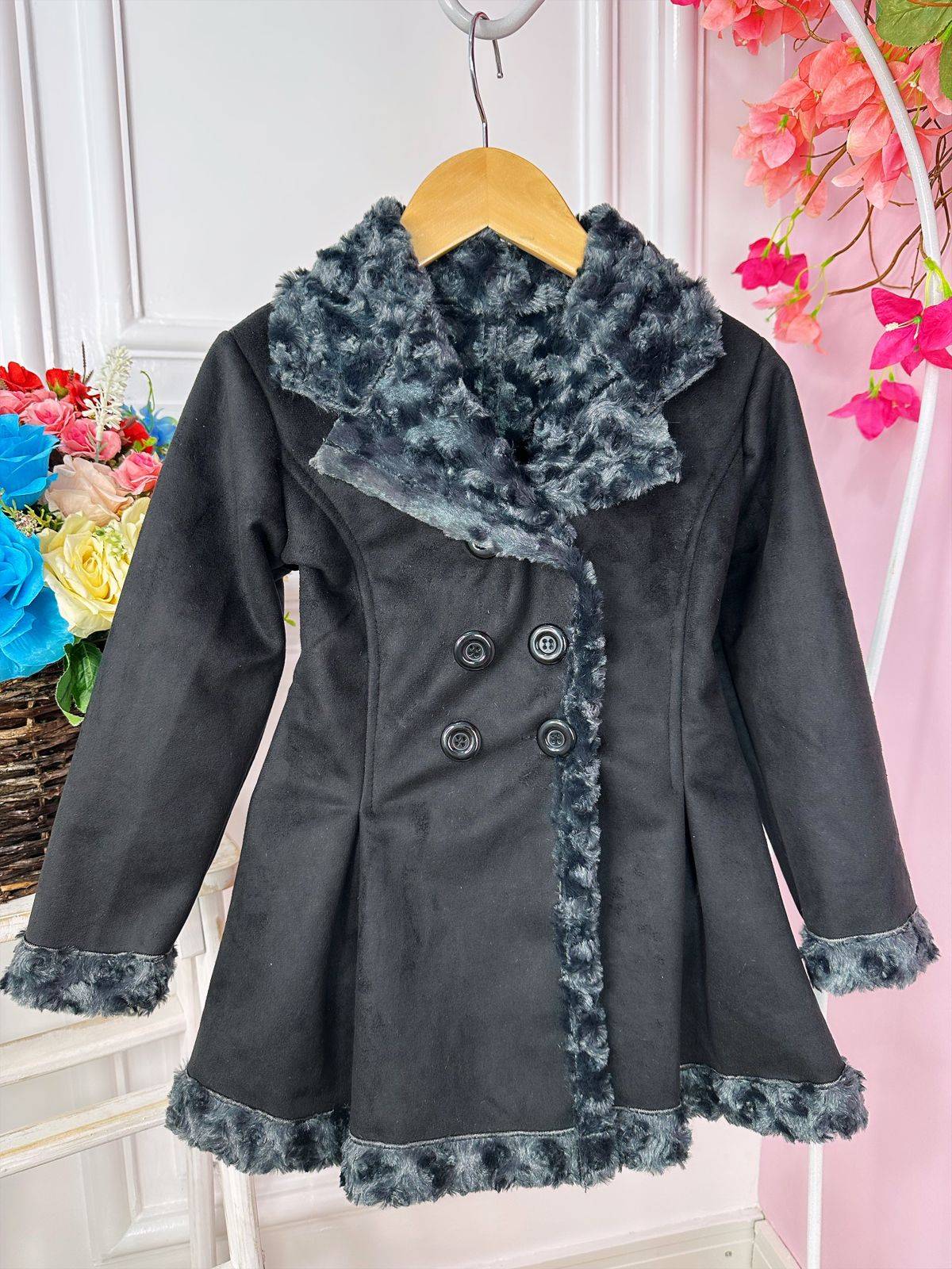 Casaco Sobretudo Infantil Suede Preto Pelúcia Grafite C/ Botão