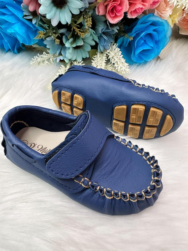 Mocassim Azul Marinho em Couro Sintético com Velcro para Príncipes
