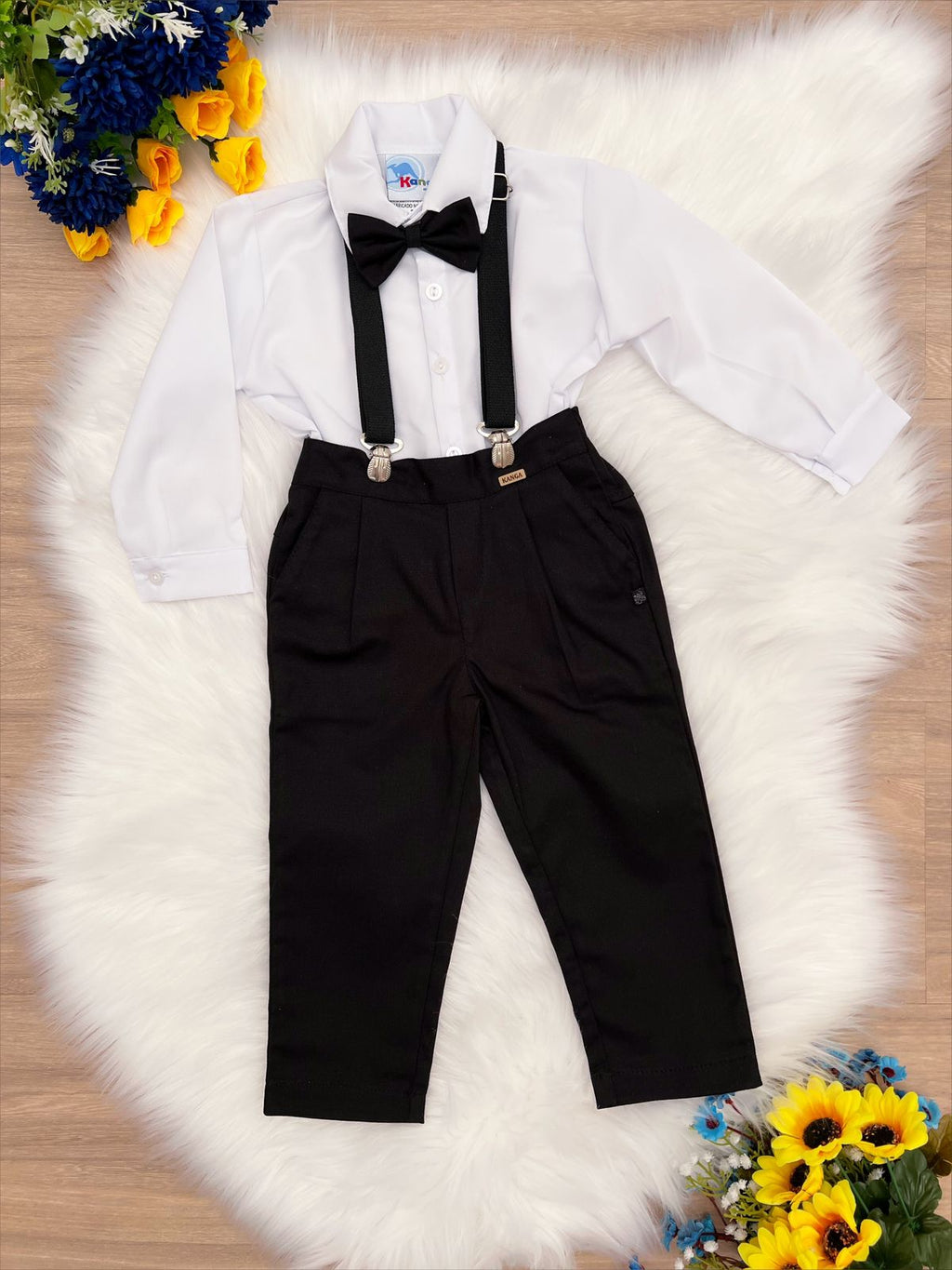 Conjunto Social Infantil Camisa Branca e Calça com Suspensório Preto