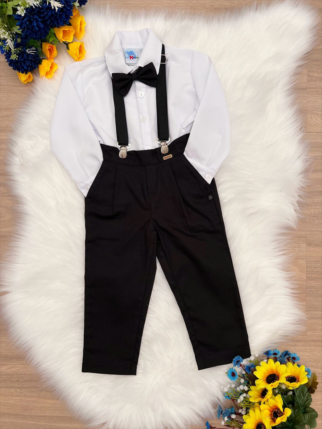 Conjunto Social Infantil Camisa Branca e Calça com Suspensório Preto