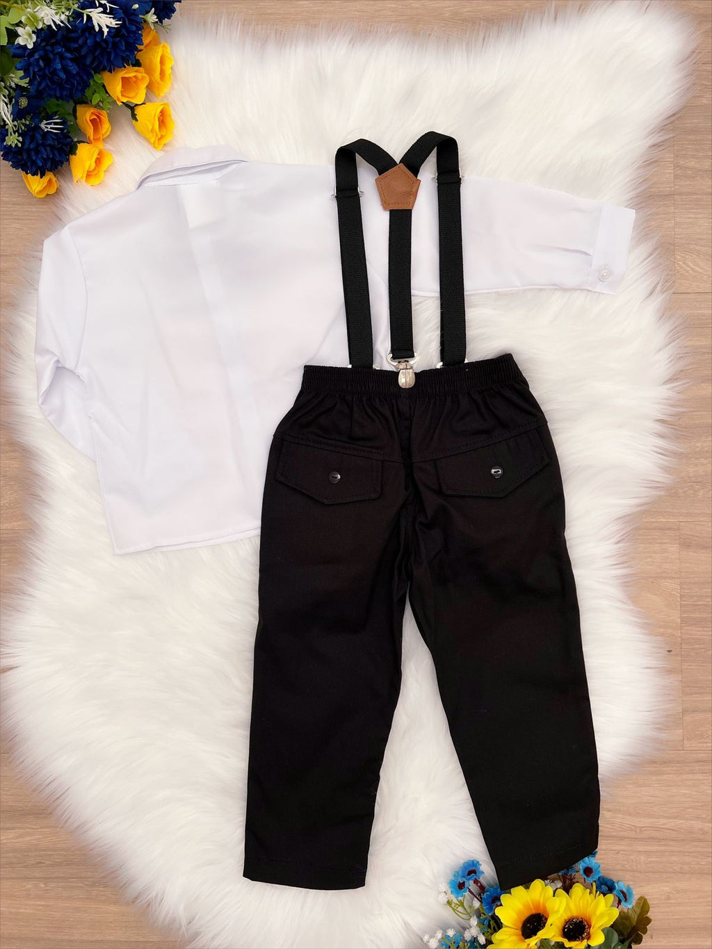 Conjunto Social Infantil Camisa Branca e Calça com Suspensório Preto