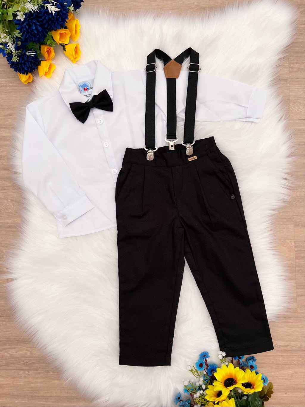 Conjunto Social Infantil Camisa Branca e Calça com Suspensório Preto