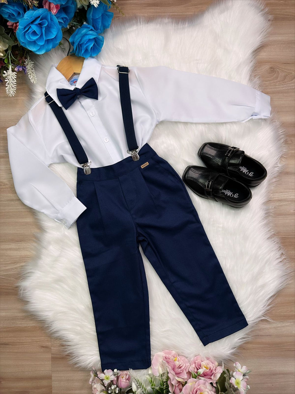 Conjunto Social Infantil Azul Marinho em Poliéster e Algodão