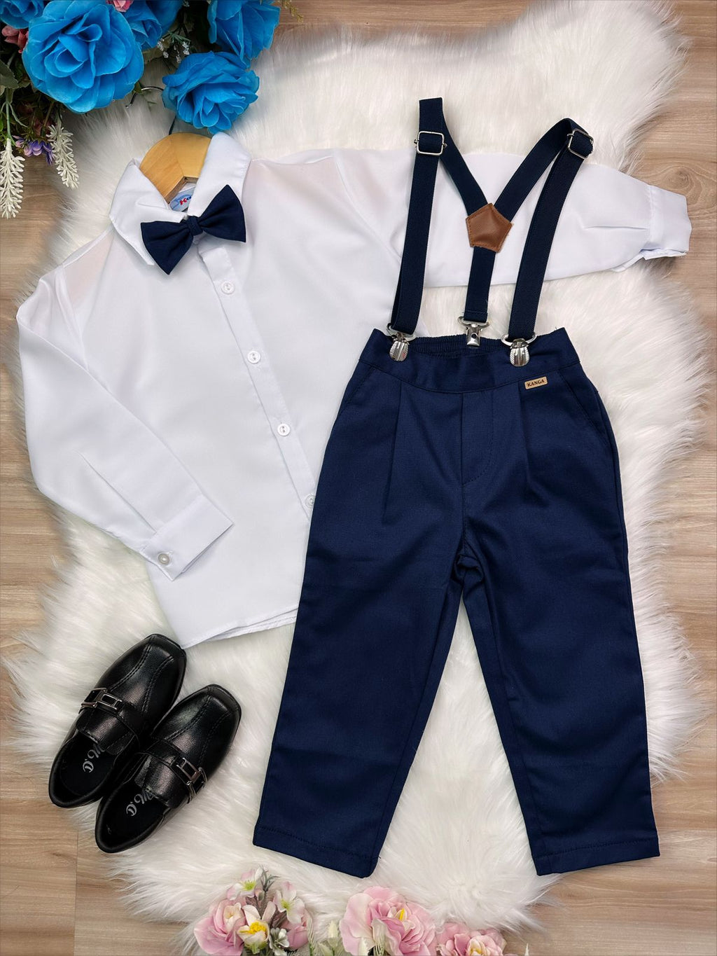 Conjunto Social Infantil Azul Marinho em Poliéster e Algodão