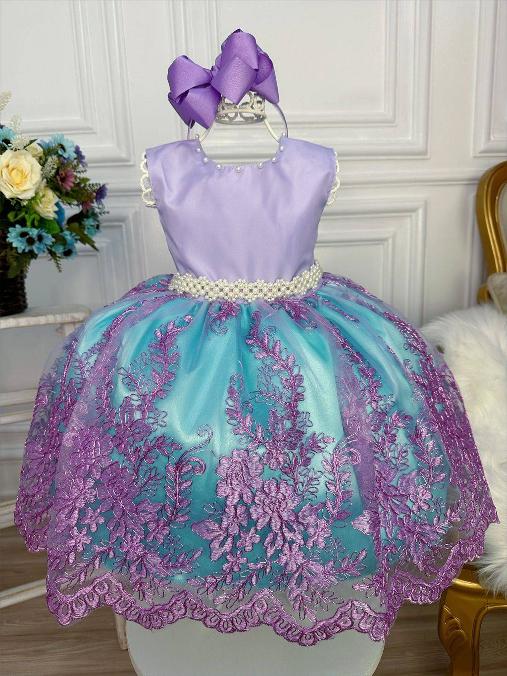 Vestido Infantil com Renda e Cinto de Pérolas para Princesa Ariel