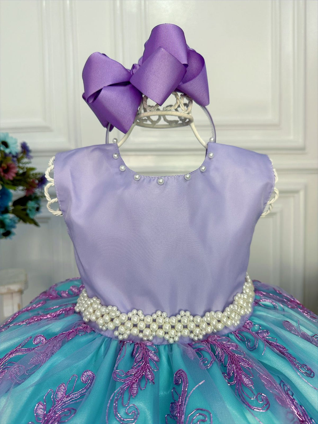 Vestido Infantil com Renda e Cinto de Pérolas para Princesa Ariel