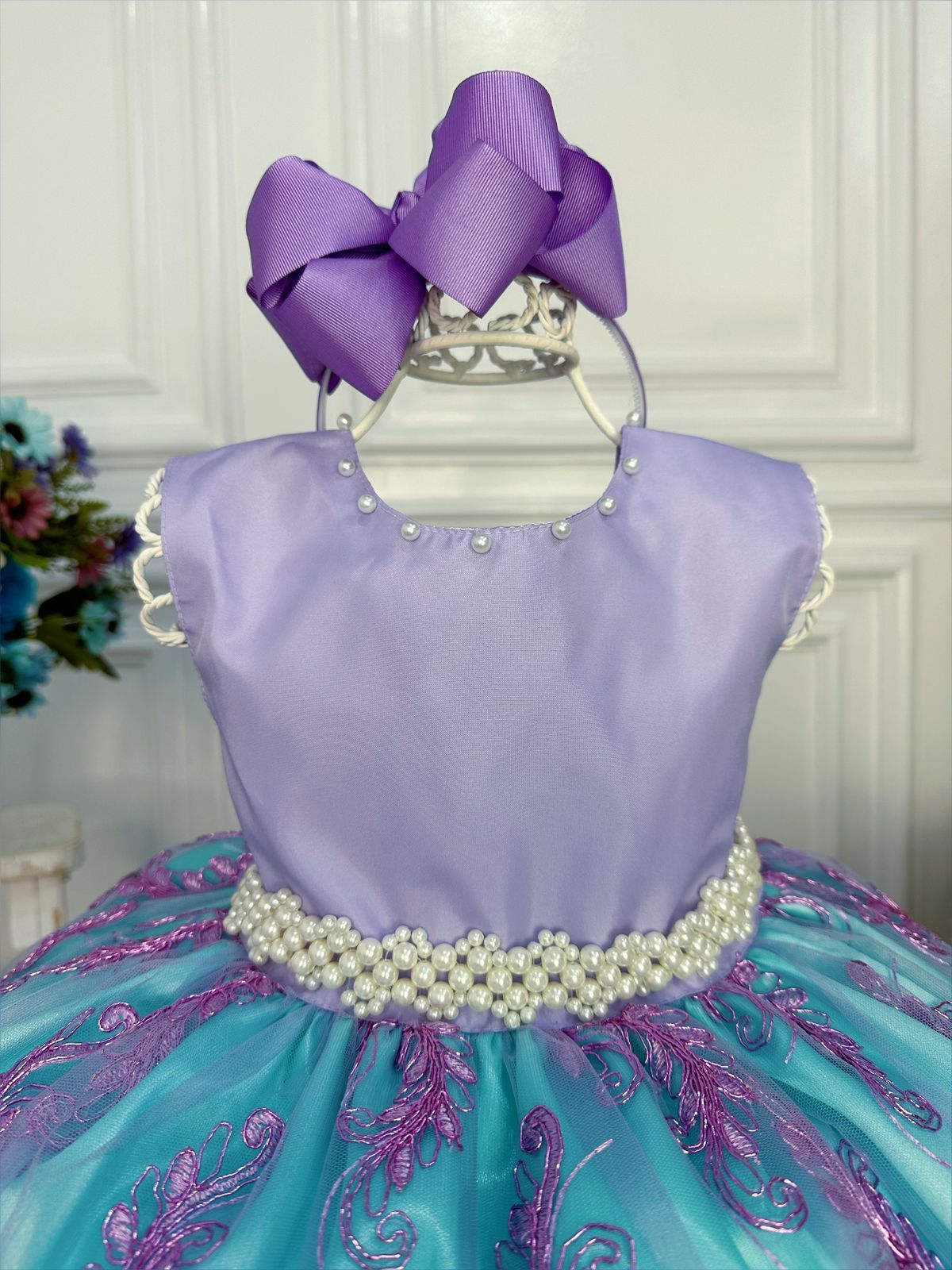 Vestido Infantil com Renda e Cinto de Pérolas para Princesa Ariel
