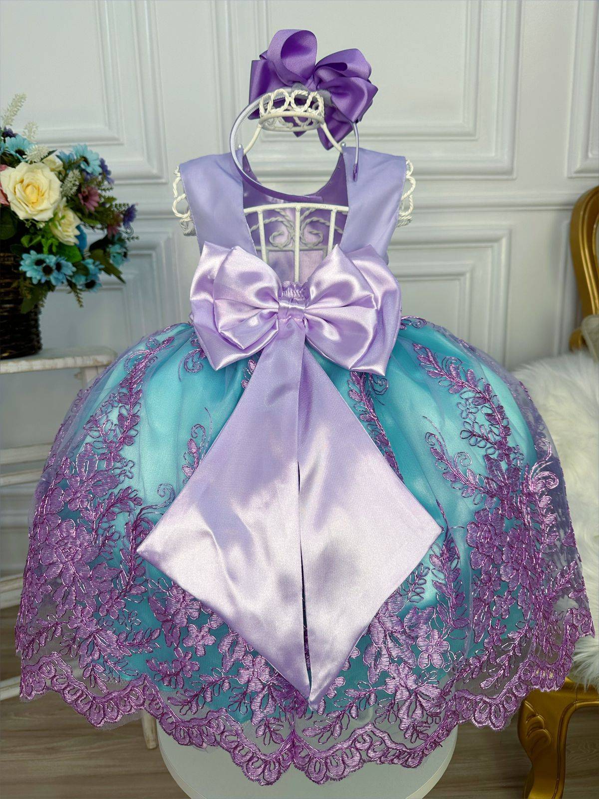 Vestido Infantil com Renda e Cinto de Pérolas para Princesa Ariel