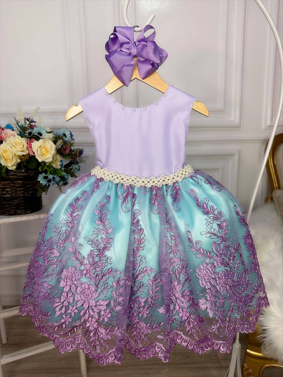 Vestido Infantil com Renda e Cinto de Pérolas para Princesa Ariel