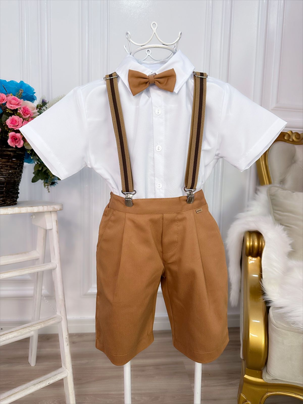 Conjunto Social Infantil Camisa em Poliéster e Bermuda em Algodão Caramelo Escuro
