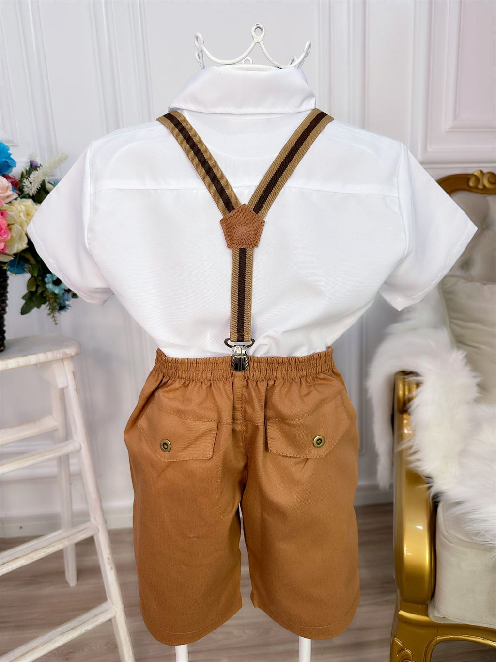 Conjunto Social Infantil Camisa em Poliéster e Bermuda em Algodão Caramelo Escuro