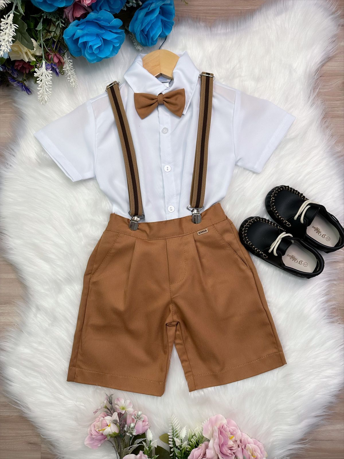 Conjunto Social Infantil Camisa em Poliéster e Bermuda em Algodão Caramelo Escuro