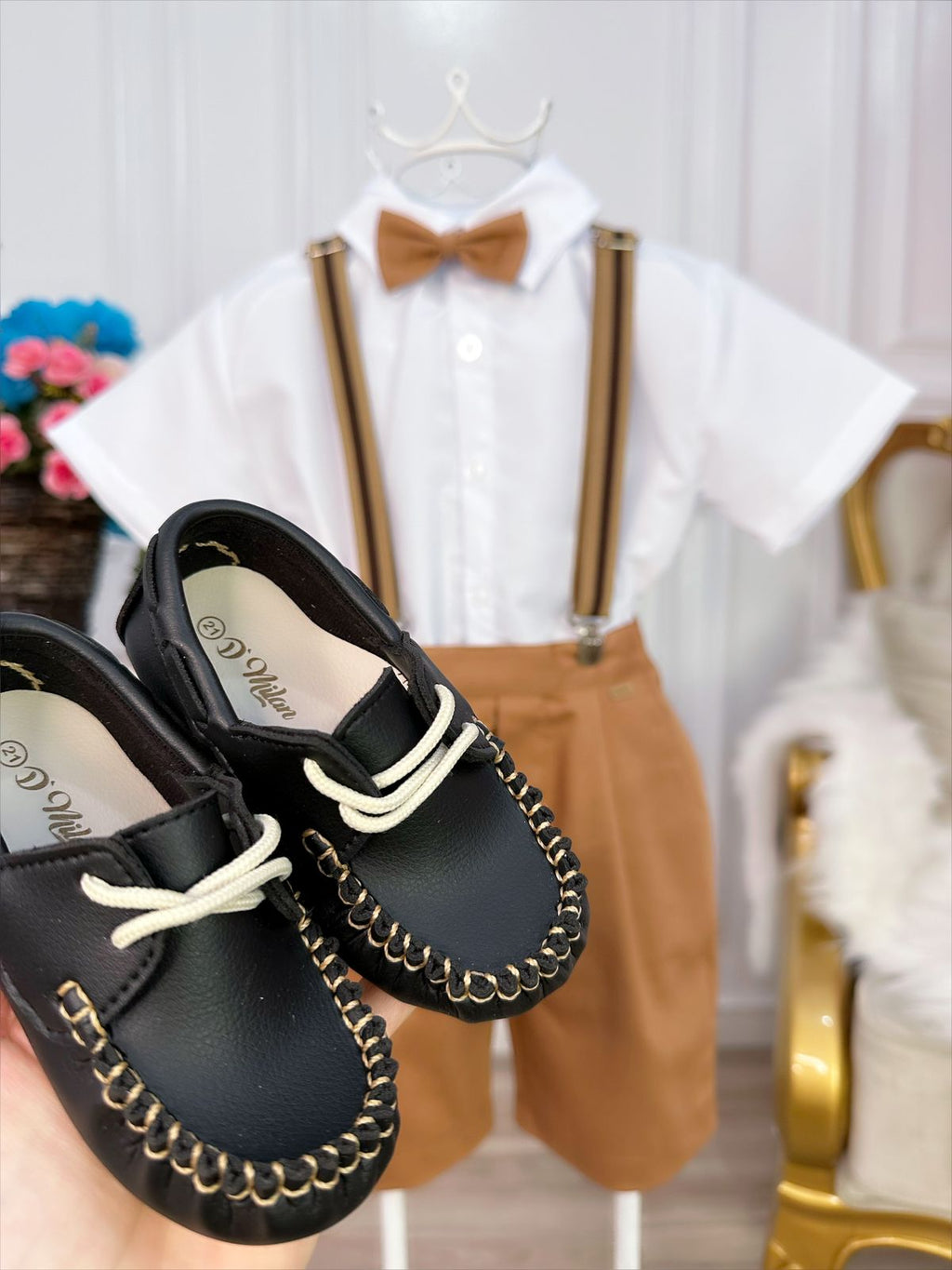 Conjunto Social Infantil Camisa em Poliéster e Bermuda em Algodão Caramelo Escuro