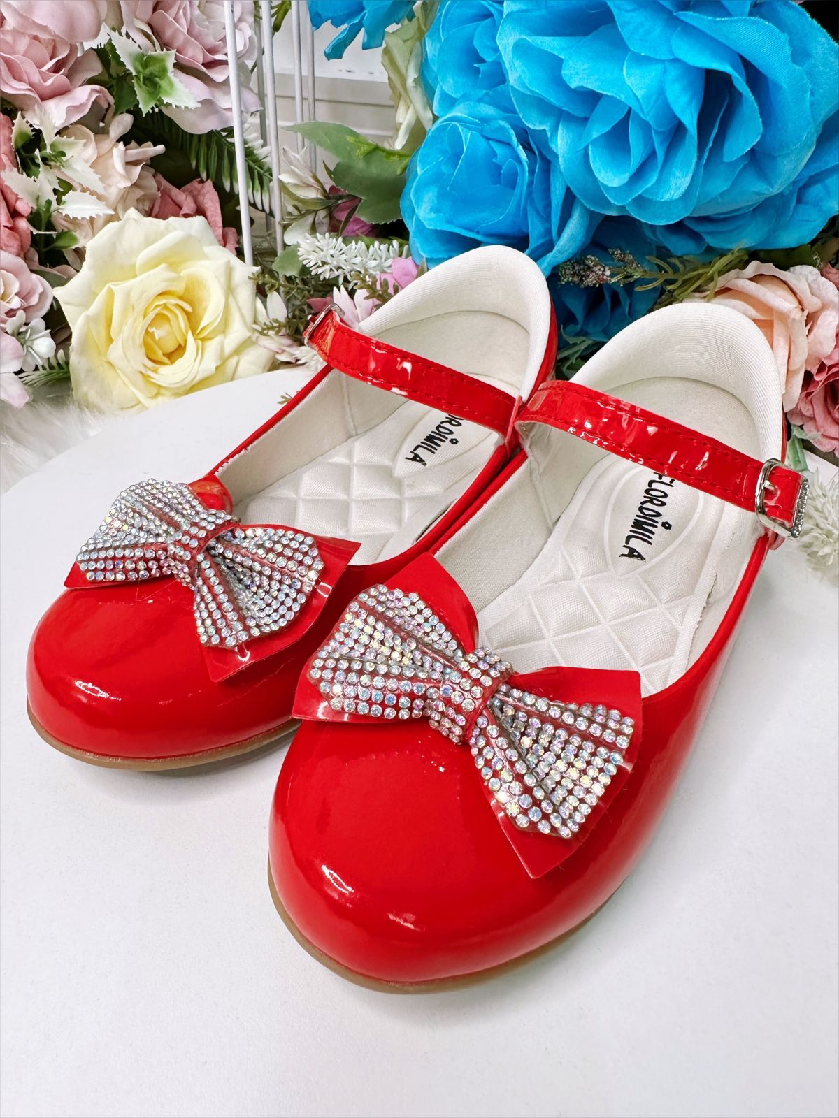 Sapatinho Infantil Verniz Vermelho com Laço e Strass para Festas