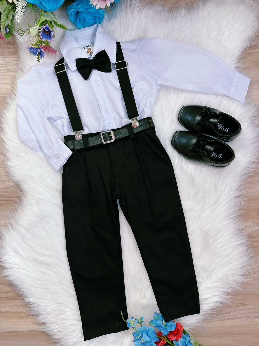 Conjunto Social Infantil Preto com Camisa, Gravata, Calça e Suspensório