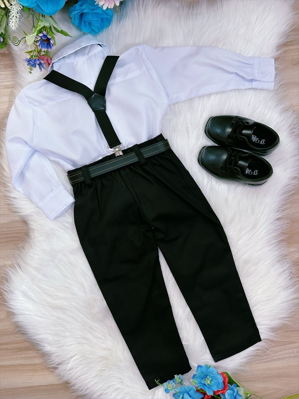 Conjunto Social Infantil Preto com Camisa, Gravata, Calça e Suspensório