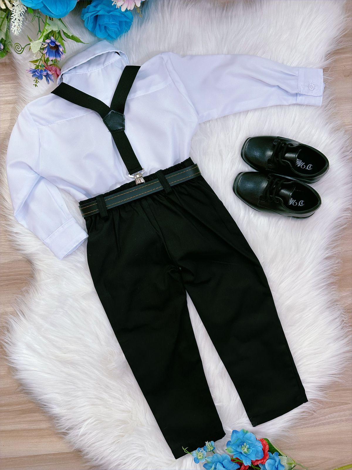 Conjunto Social Infantil Preto com Camisa, Gravata, Calça e Suspensório