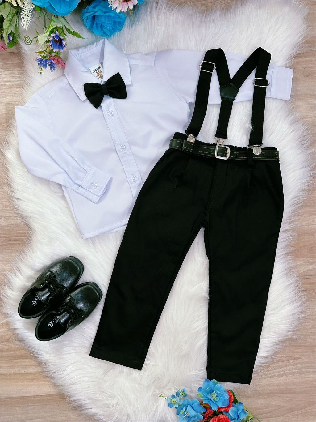 Conjunto Social Infantil Preto com Camisa, Gravata, Calça e Suspensório
